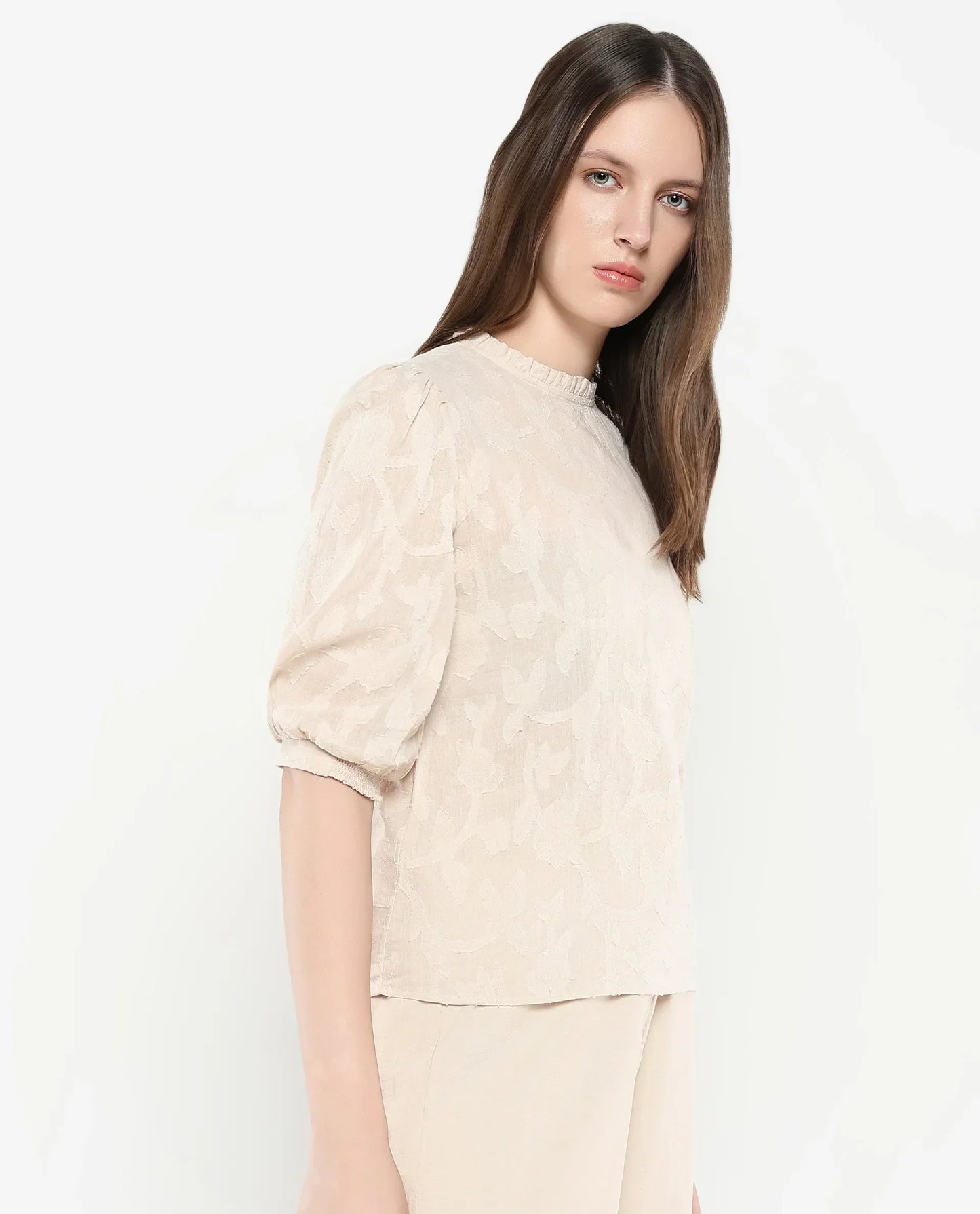 Rareism Women Reis Beige Puffed Sleeve Round Neck Button Closure Plain Top