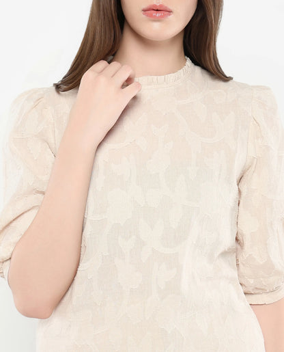 Rareism Women Reis Beige Puffed Sleeve Round Neck Button Closure Plain Top