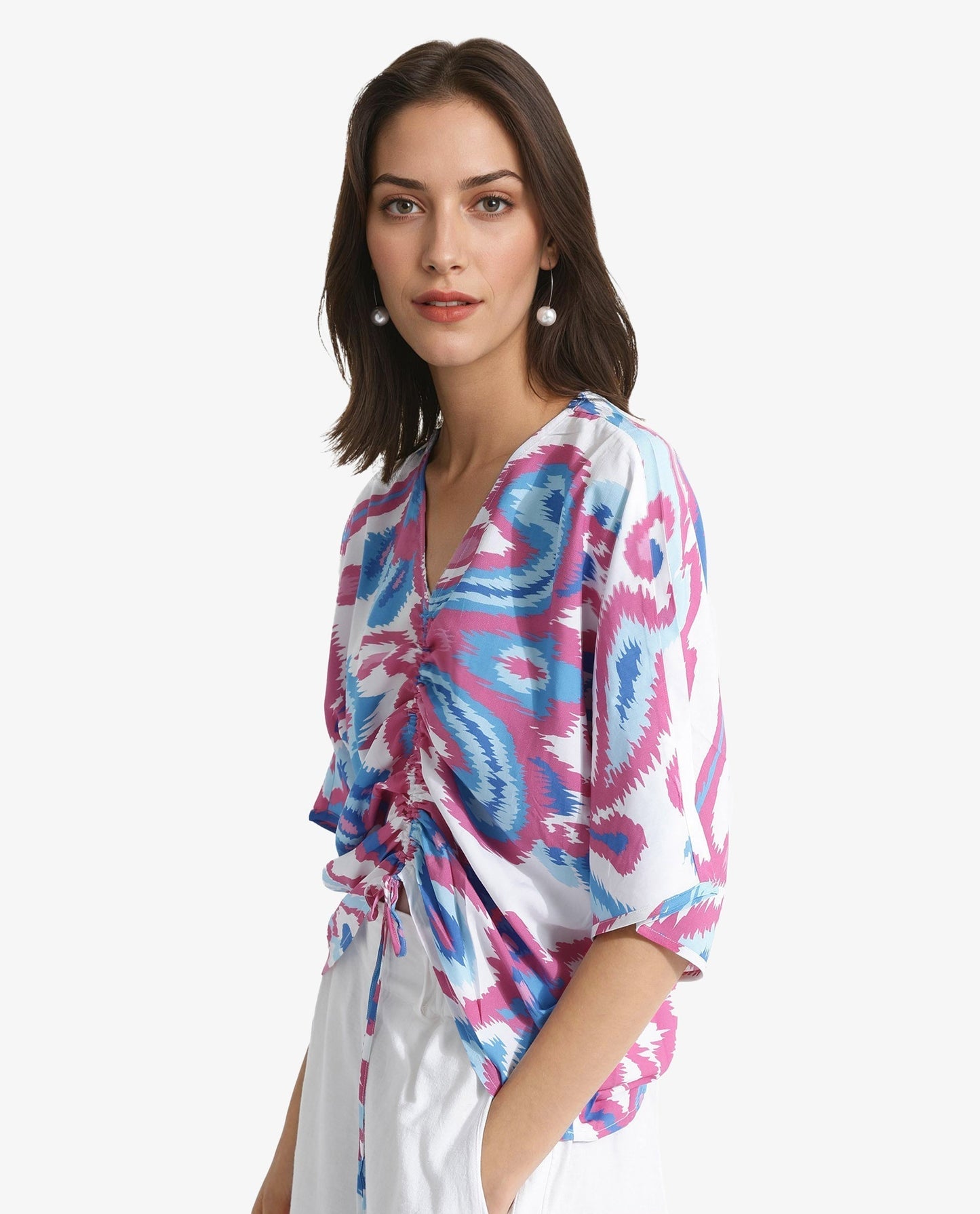 Rareism Women Repio-T Pastel Multi Extended Sleeves V-Neck Relaxed Fit Abstract Print Top