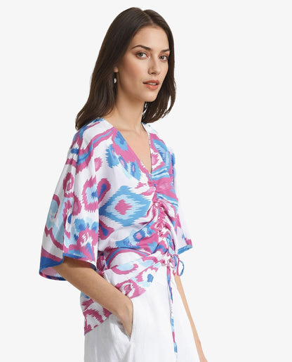 Rareism Women Repio-T Pastel Multi Extended Sleeves V-Neck Relaxed Fit Abstract Print Top