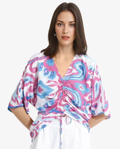 Rareism Women Repio-T Pastel Multi Extended Sleeves V-Neck Relaxed Fit Abstract Print Top