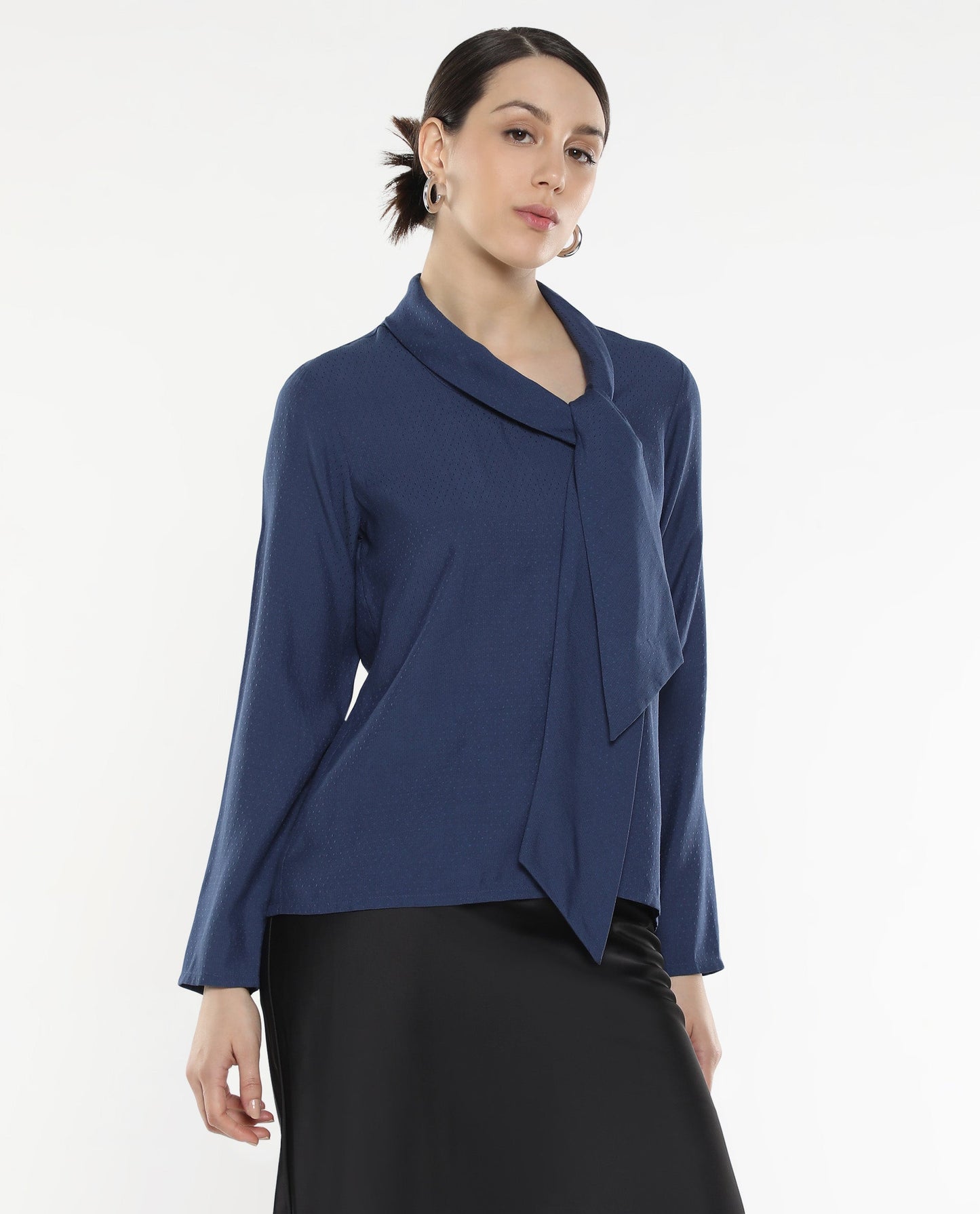 Rareism Women Repowo Navy Full Sleeve Tie Up Neck Button Closure Plain Top