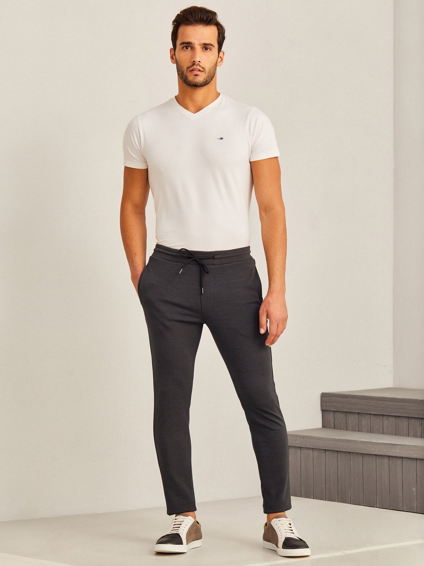 Dark Grey Textured 4-Way Stretch Track Pant