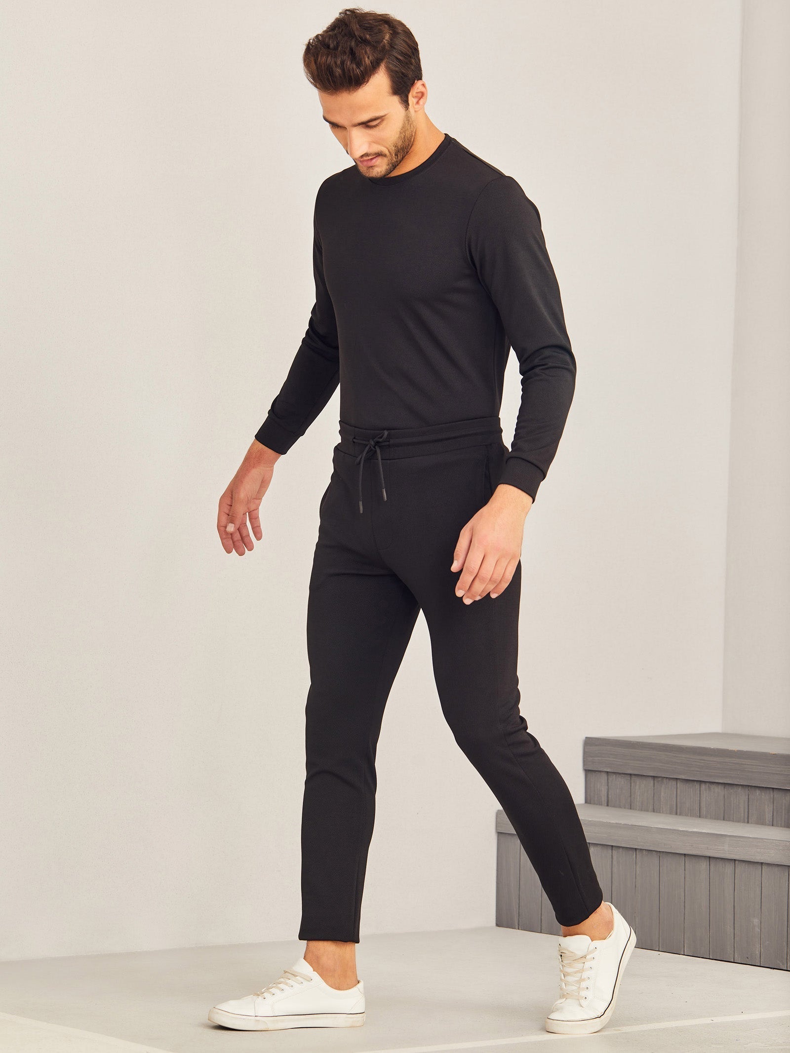 Black Textured 4-Way Stretch Track Pant