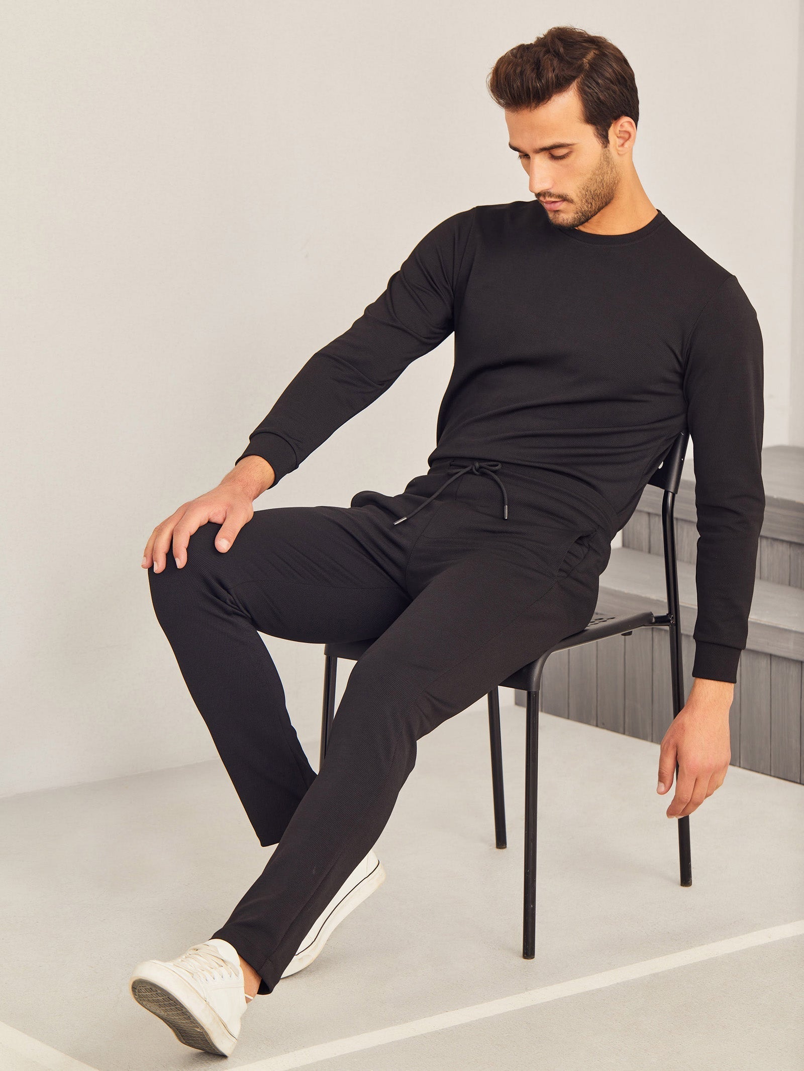 Black Textured 4-Way Stretch Track Pant