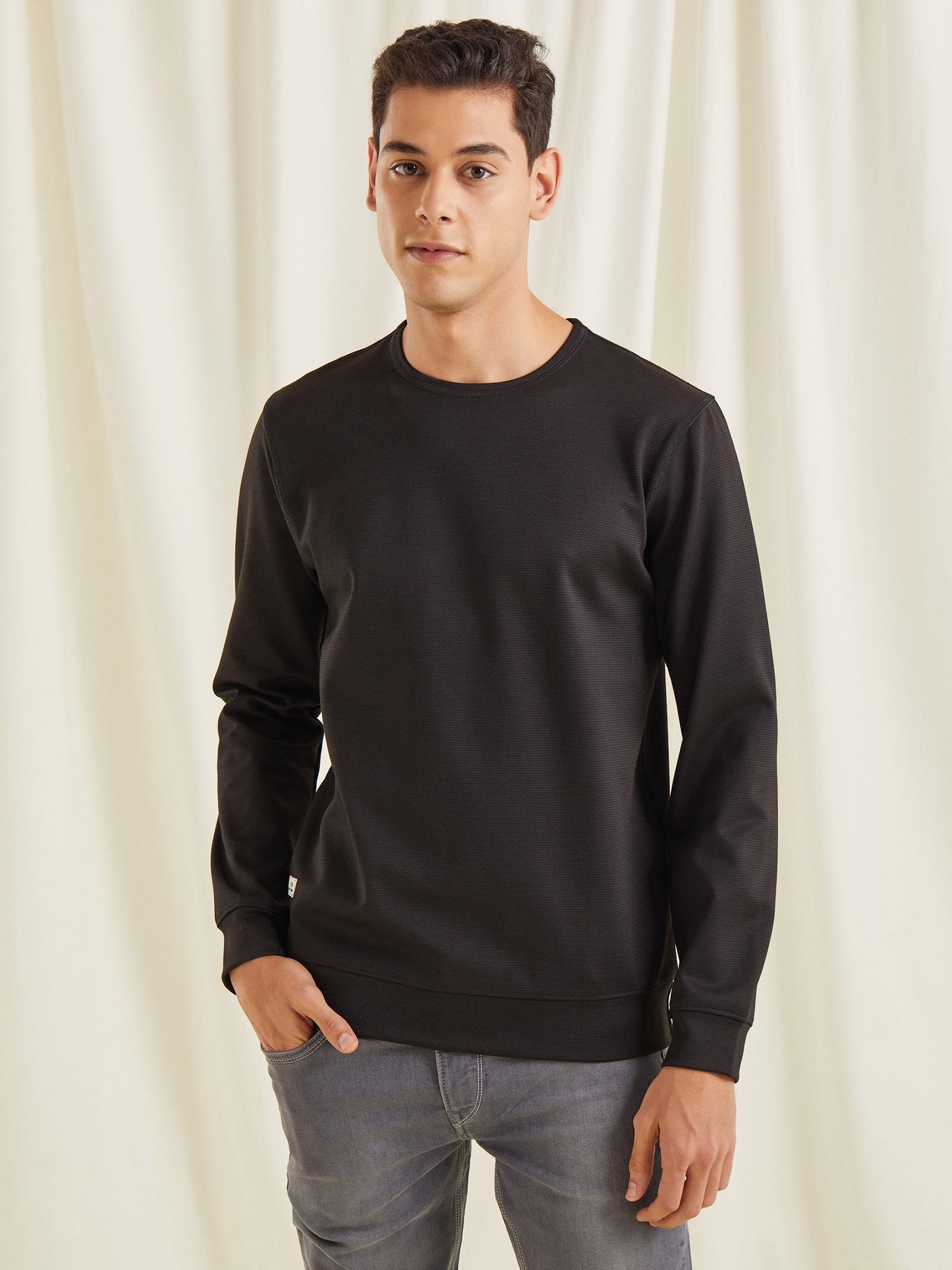 Black Textured 4-Way Stretch Sweatshirt