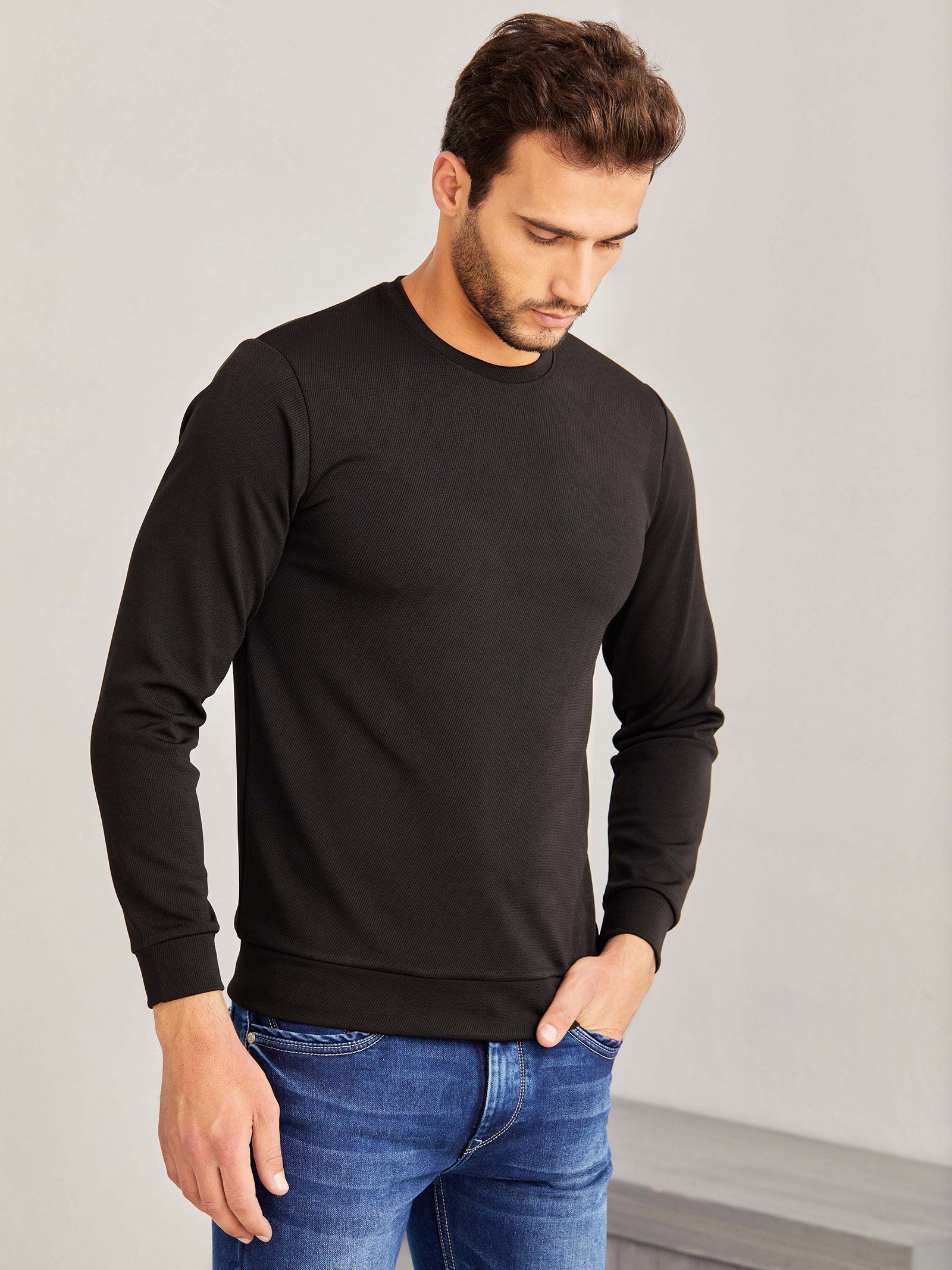 Black Textured 4-Way Stretch Sweatshirt