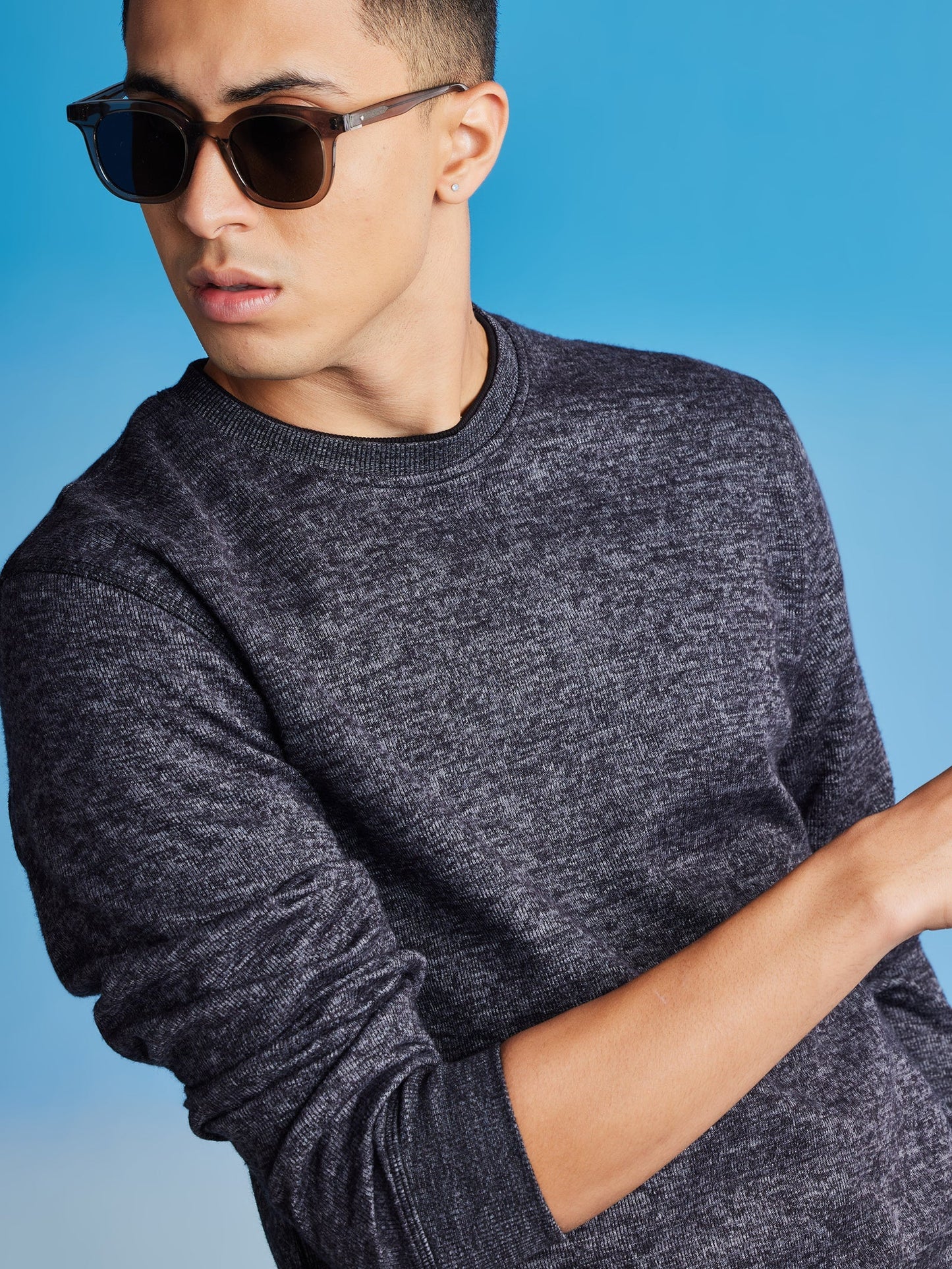 Black Textured Crew Neck Sweatshirt