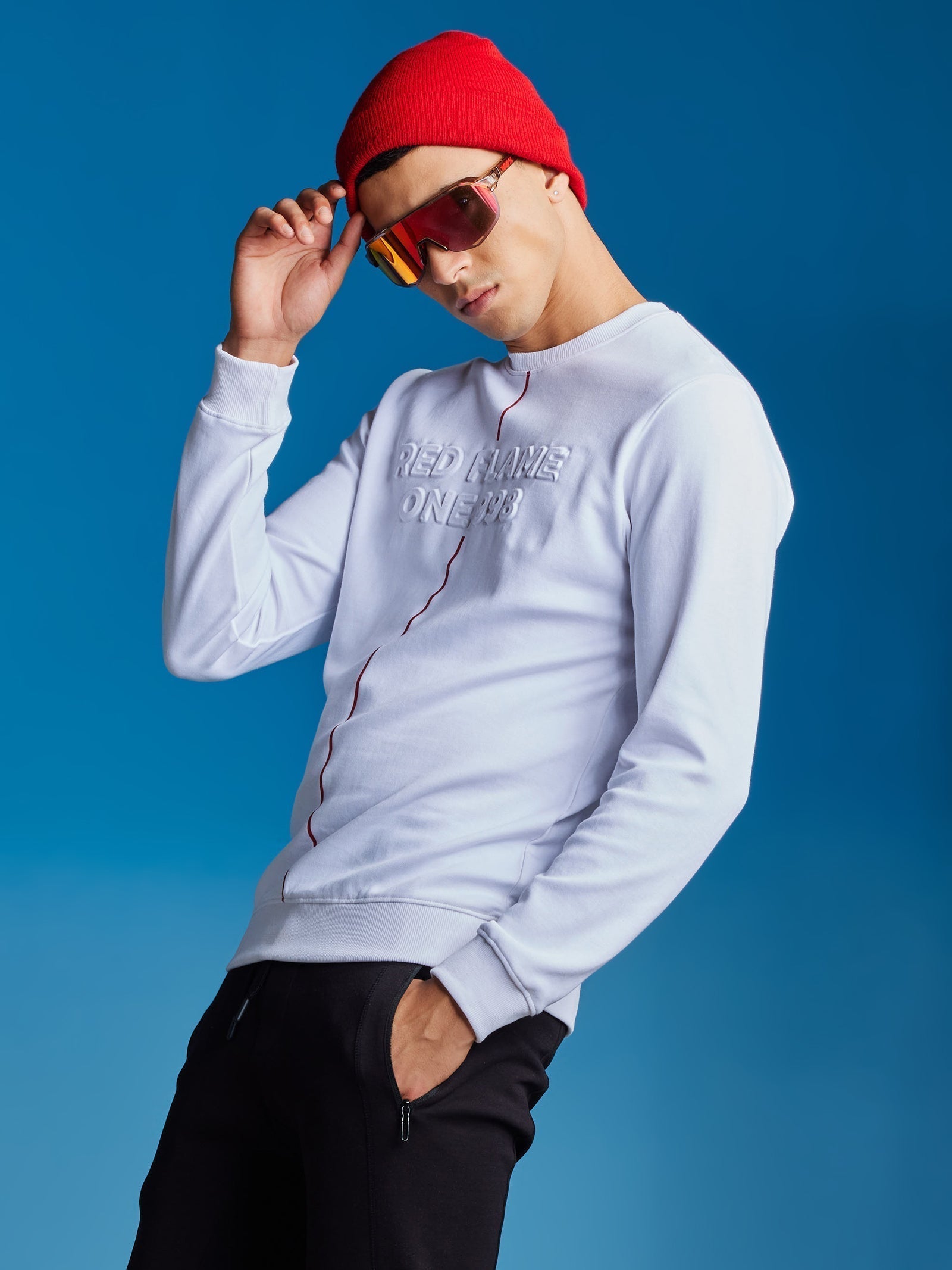 White Interlock Embossed Crew Neck Sweatshirt