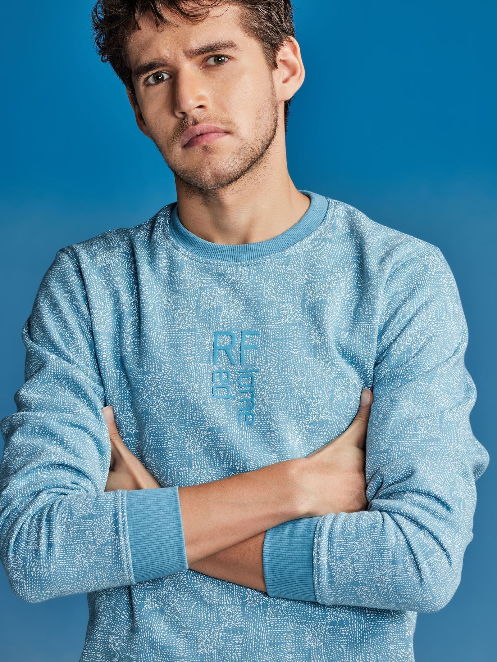 Blue Printed Crew Neck Sweatshirt