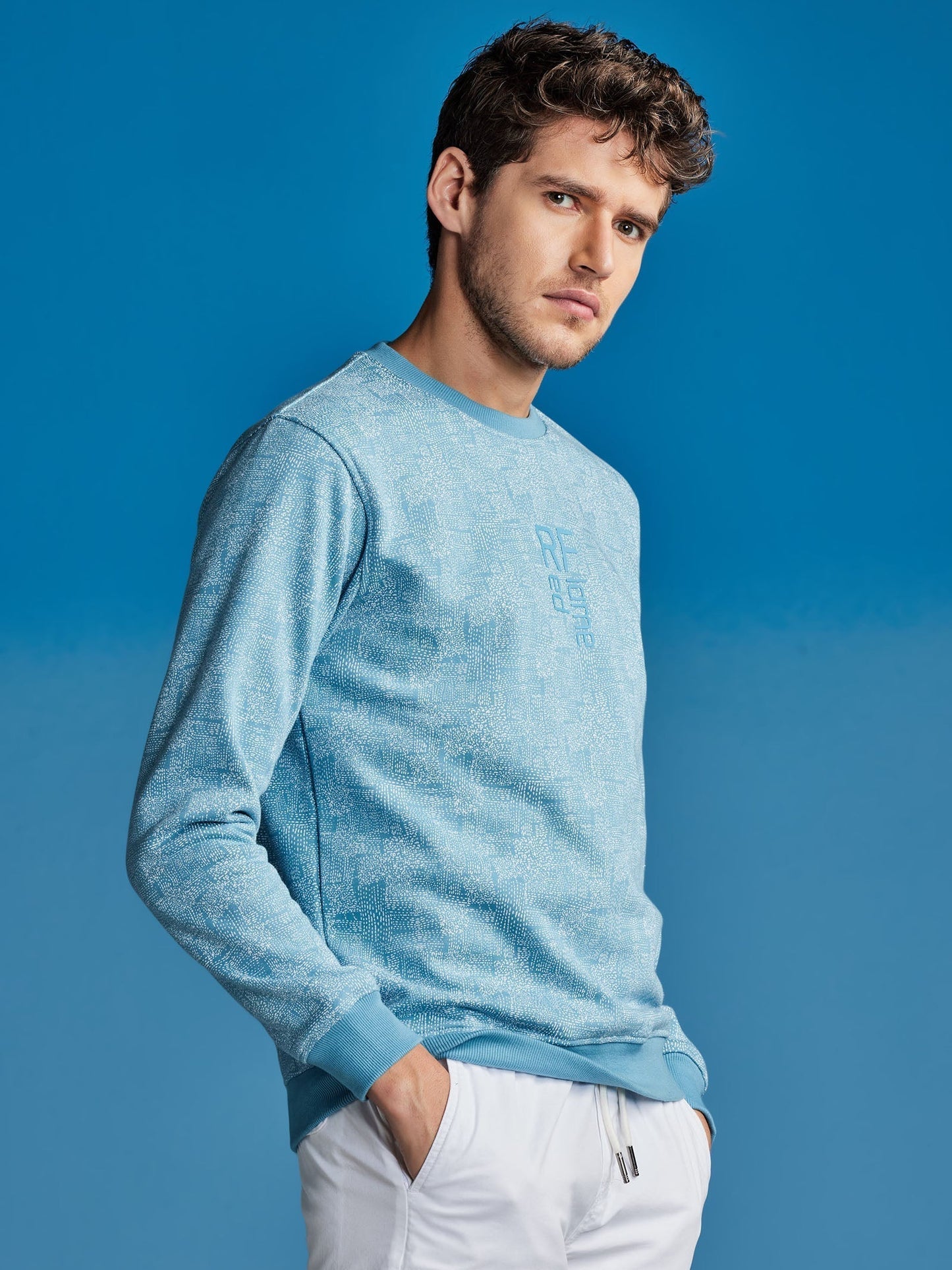 Blue Printed Crew Neck Sweatshirt