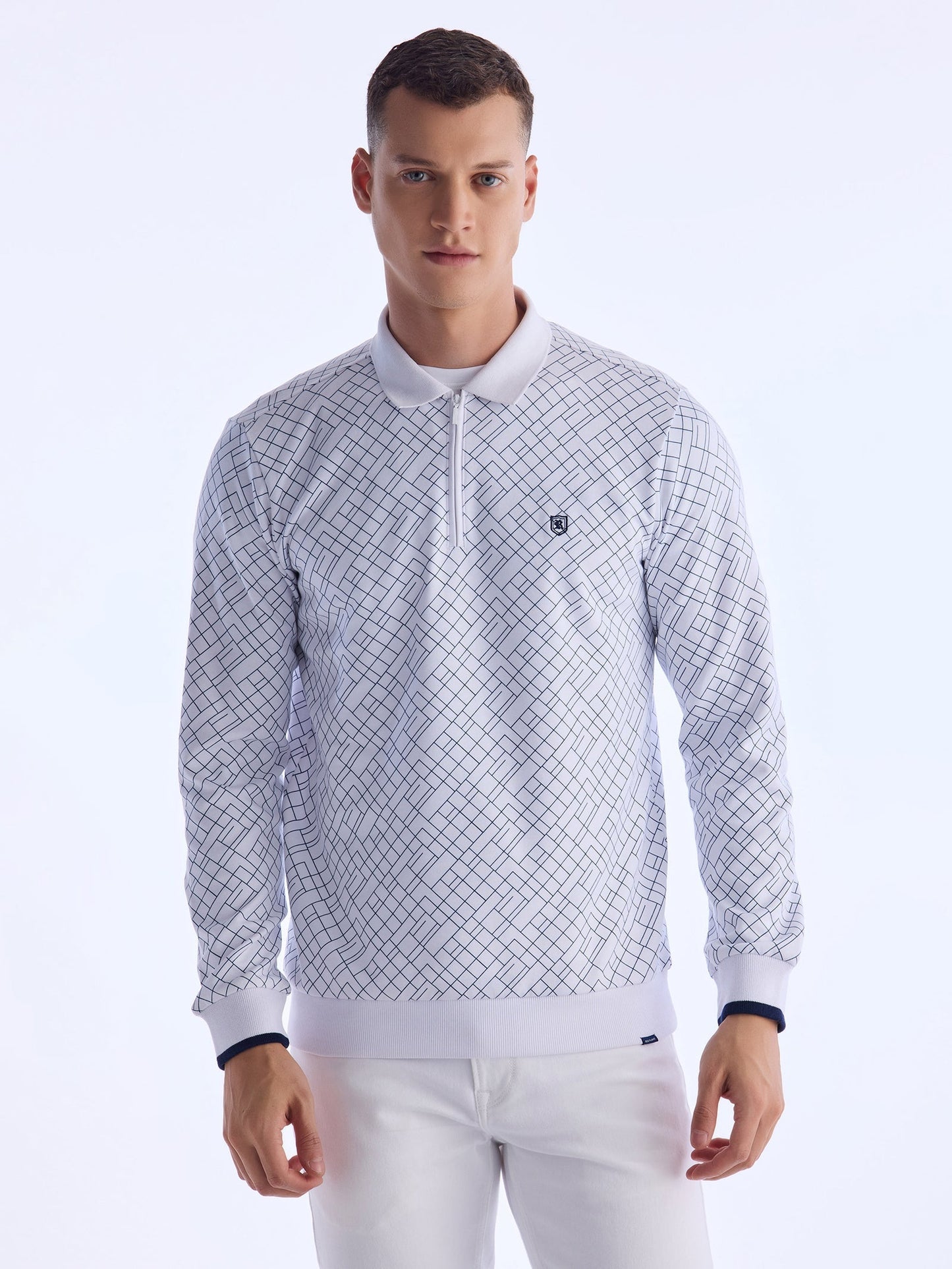 White Printed Polo Sweatshirt