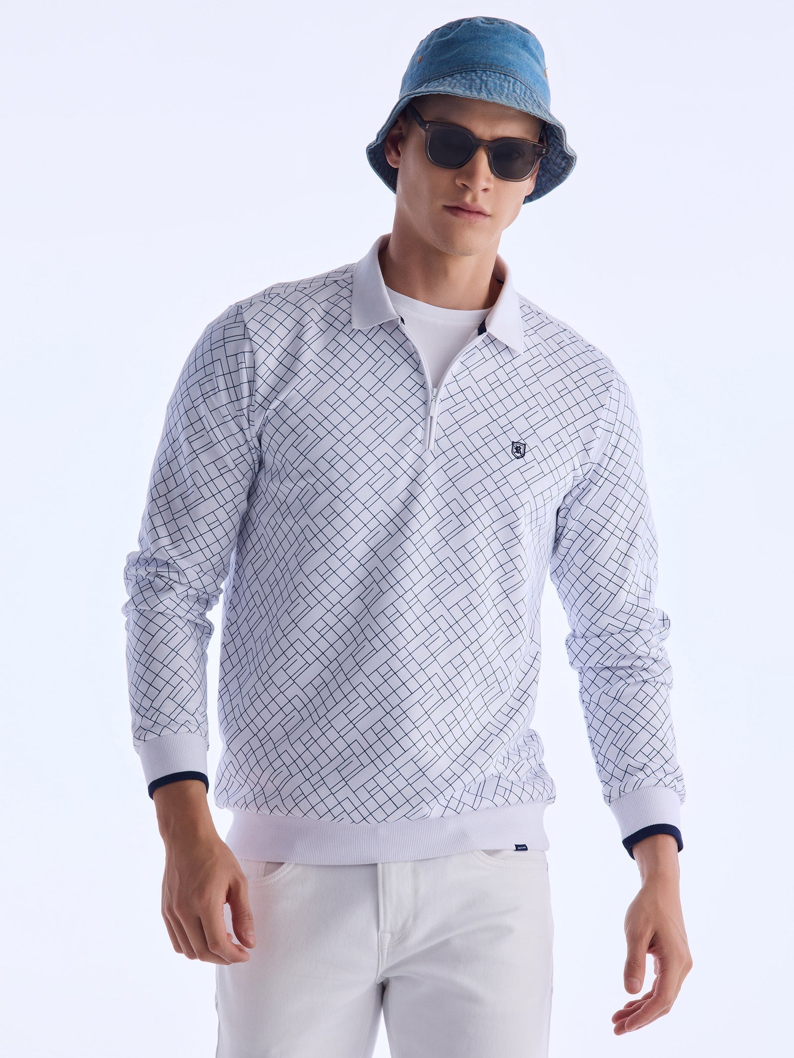 White Printed Polo Sweatshirt