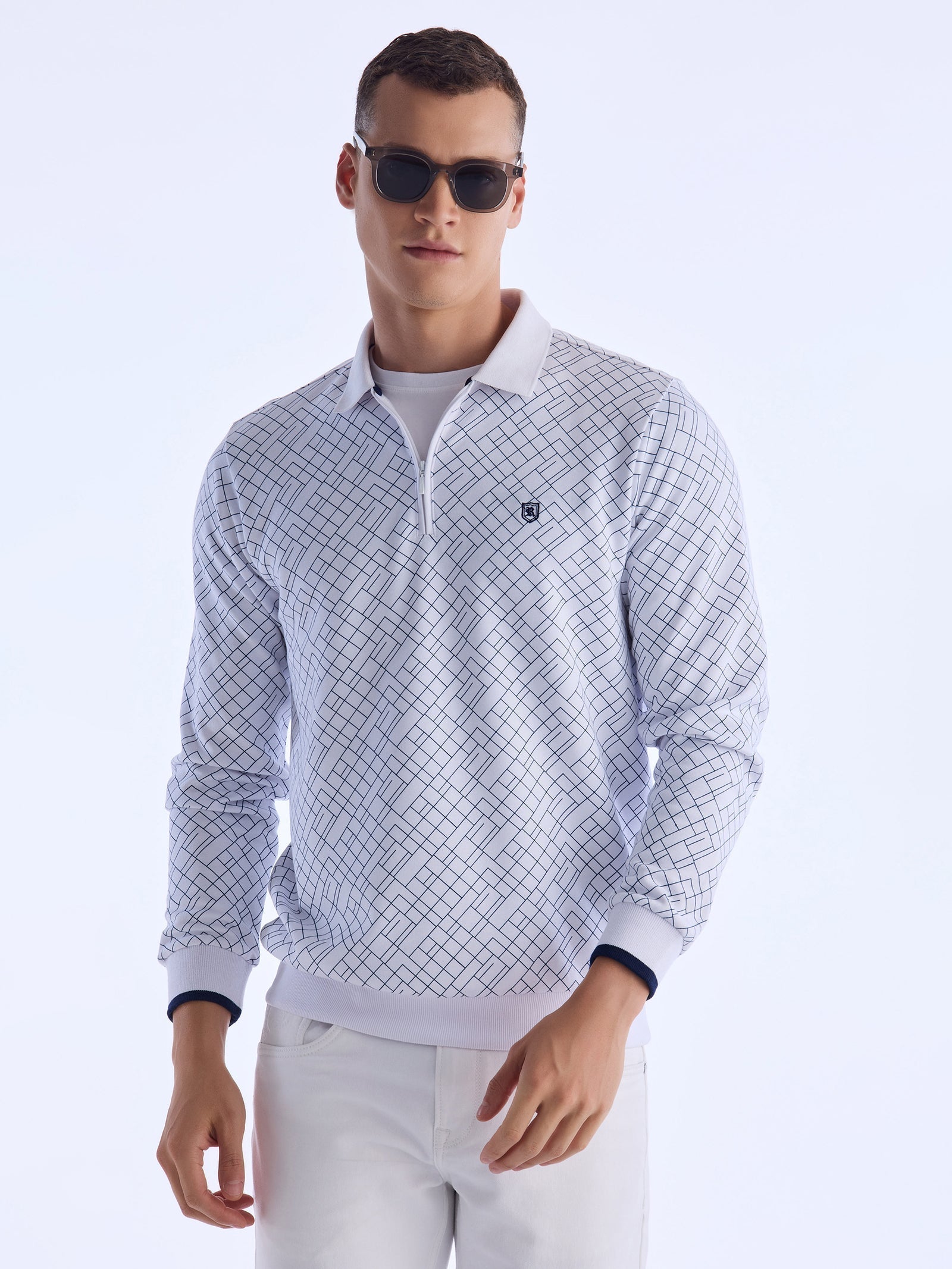 White Printed Polo Sweatshirt