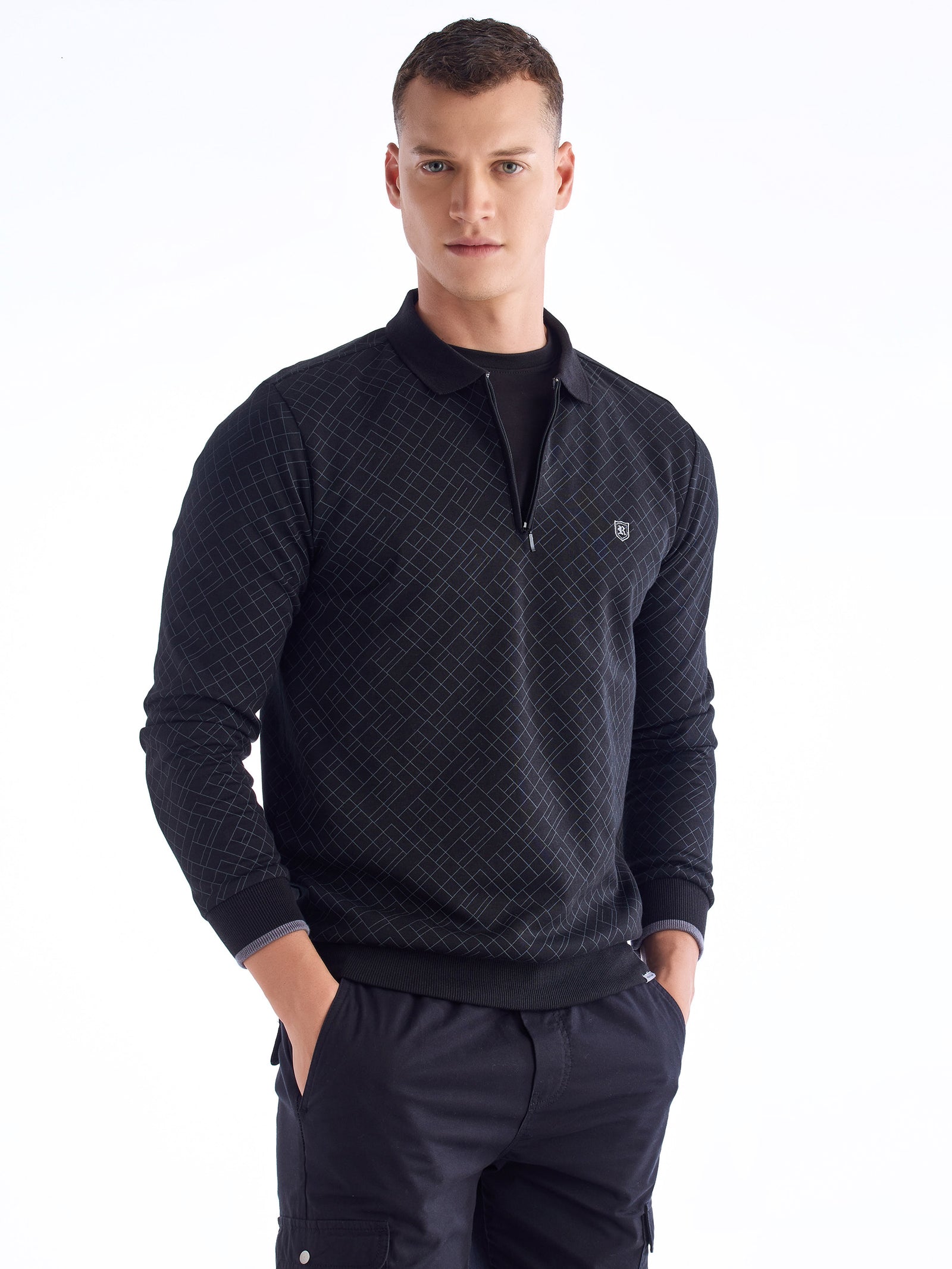 Black Printed Polo Sweatshirt