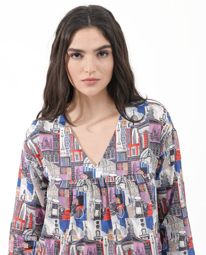 Rareism Women Rinata-T Multi Cotton Fabric Regular Sleeves V-Neck Abstract Print Regular Length Top