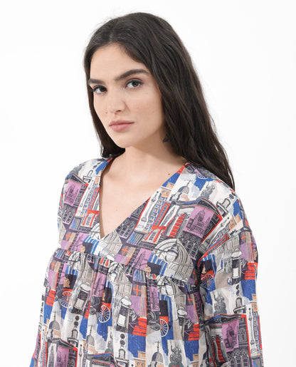 Rareism Women Rinata-T Multi Cotton Fabric Regular Sleeves V-Neck Abstract Print Regular Length Top