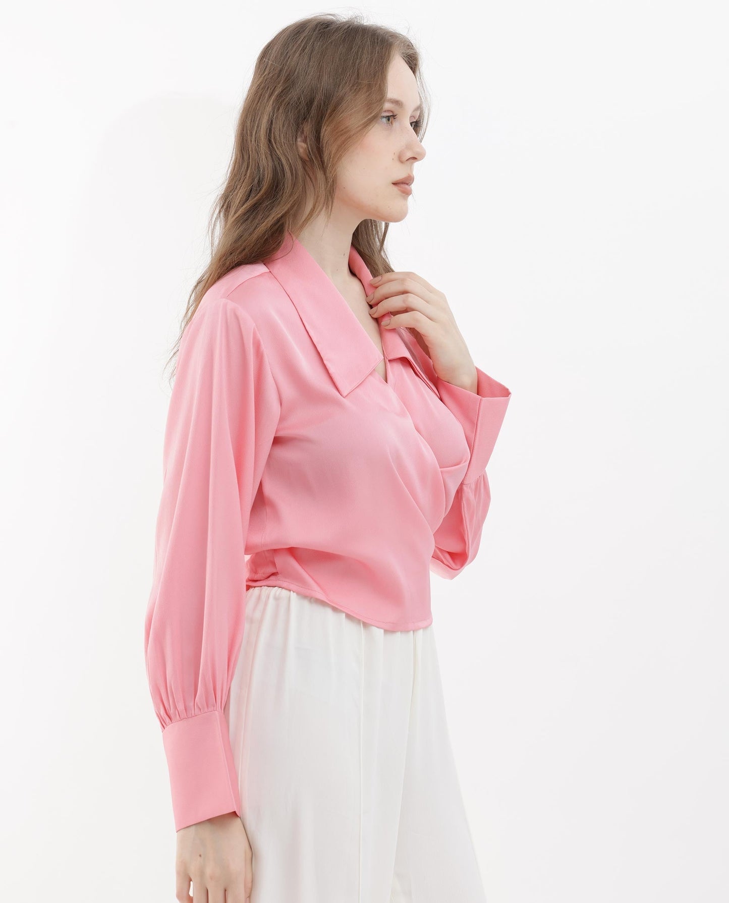 Rareism Women Riola Pastel Pink Polyester Fabric Full Sleeves Tie-Up Closure Johnny Collar Cuffed Sleeve Regular Fit Plain Cropped Top