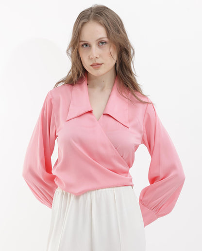 Rareism Women Riola Pastel Pink Polyester Fabric Full Sleeves Tie-Up Closure Johnny Collar Cuffed Sleeve Regular Fit Plain Cropped Top