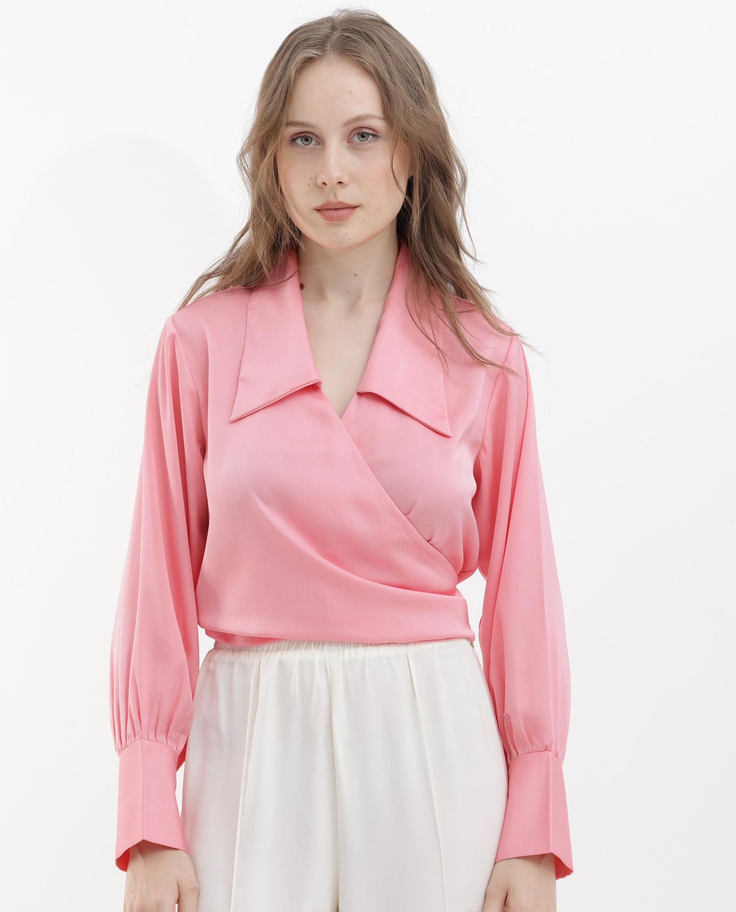 Rareism Women Riola Pastel Pink Polyester Fabric Full Sleeves Tie-Up Closure Johnny Collar Cuffed Sleeve Regular Fit Plain Cropped Top