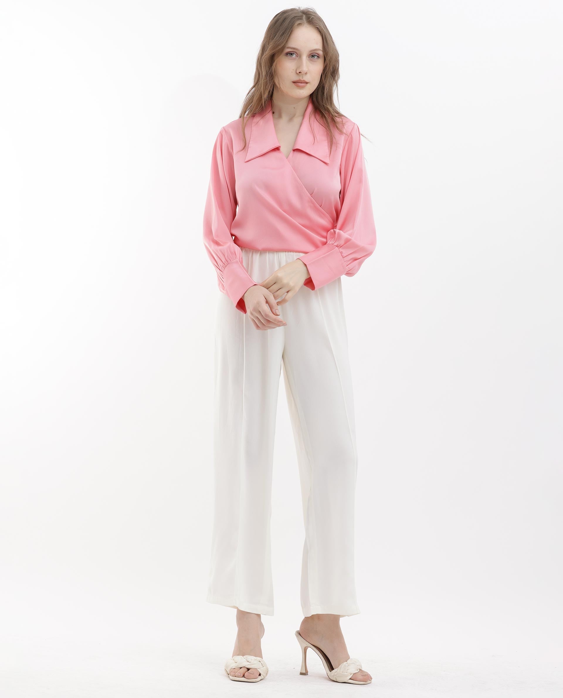 Rareism Women Riola Pastel Pink Polyester Fabric Full Sleeves Tie-Up Closure Johnny Collar Cuffed Sleeve Regular Fit Plain Cropped Top