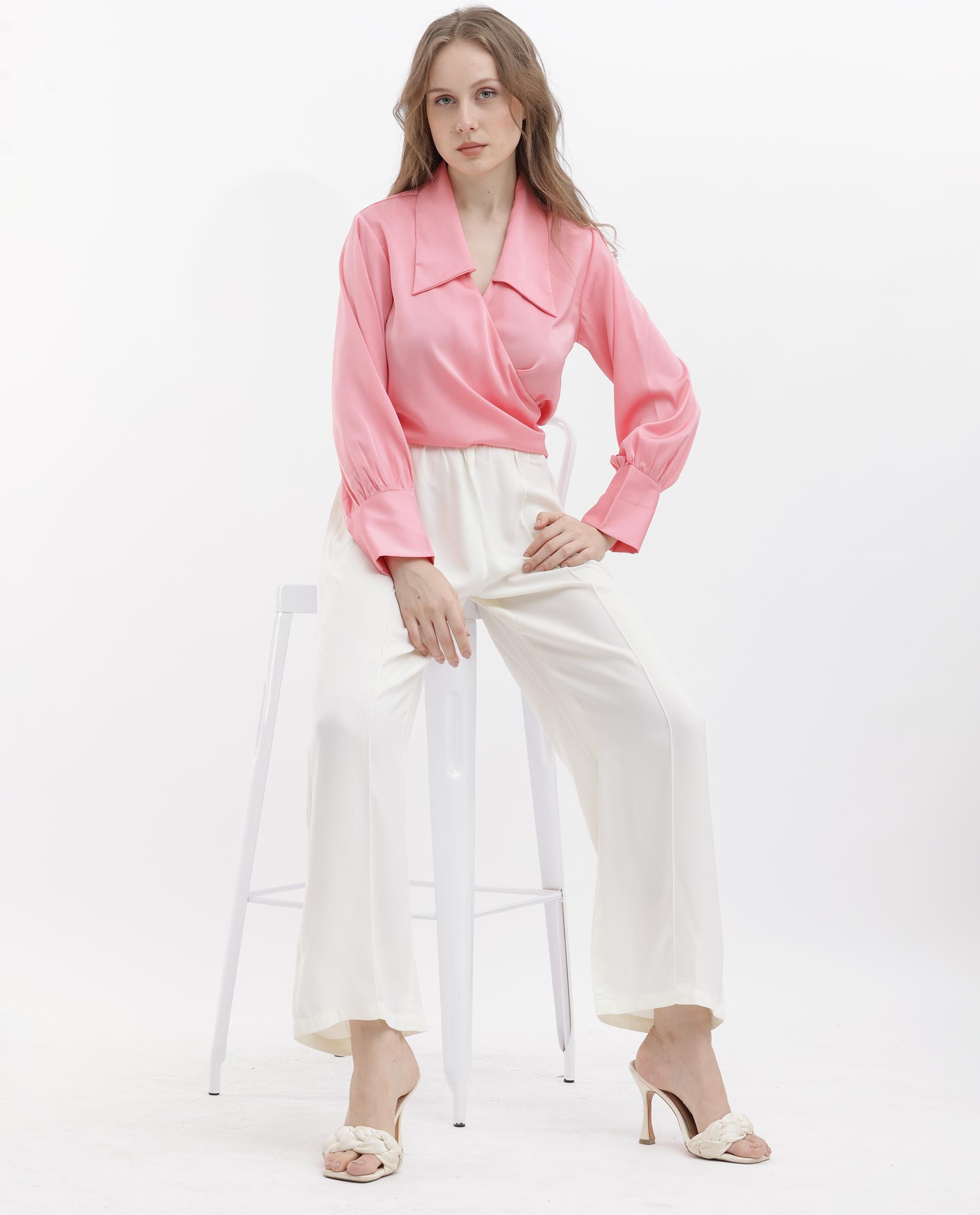 Rareism Women Riola Pastel Pink Polyester Fabric Full Sleeves Tie-Up Closure Johnny Collar Cuffed Sleeve Regular Fit Plain Cropped Top