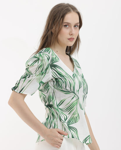 Rareism Women Riter Green Cotton Fabric Short Sleeves V-Neck Puff Sleeve Regular Fit Abstract Print Top