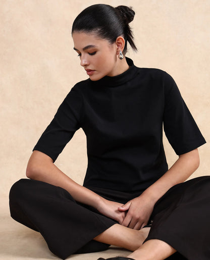 Rareism Women Rohdrio Black Knitted Plain Top