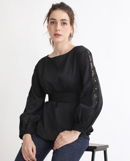 Rareism Women Rolina Black Cotton Fabric Regular Fit Boat Neck Full Sleeves Solid Top