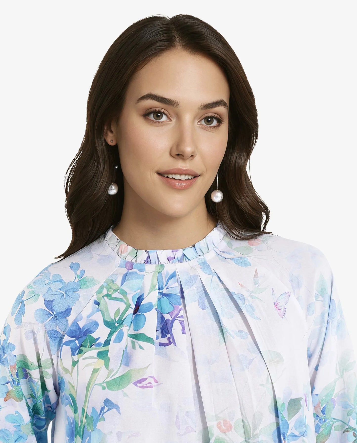 Rareism Women Rome Light Blue Raglan Sleeves Round Neck Tie Up Closure Floral Print Top