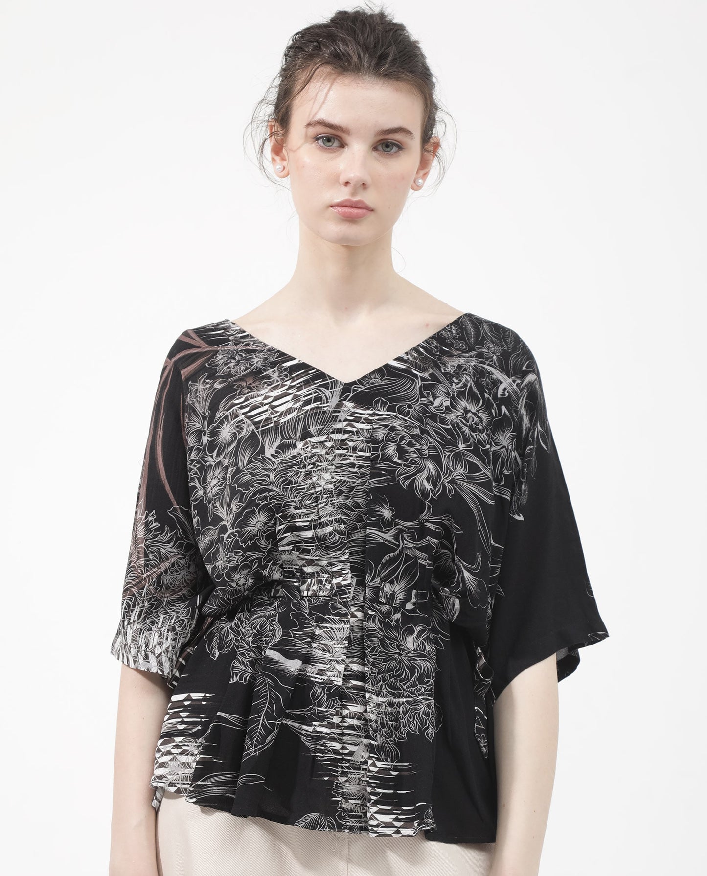 Rareism Women Rufu Black Viscose Fabric Short Sleeve V-Neck Wrap Floral Print Relaxed Fit Top