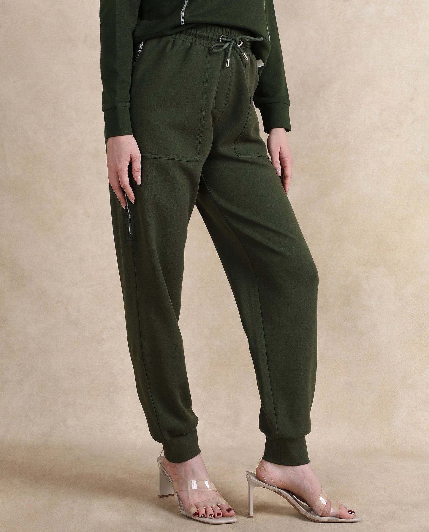 Rareism Women Saints Olive Cotton Blend Fabric Ankle Length Plain Track Pant