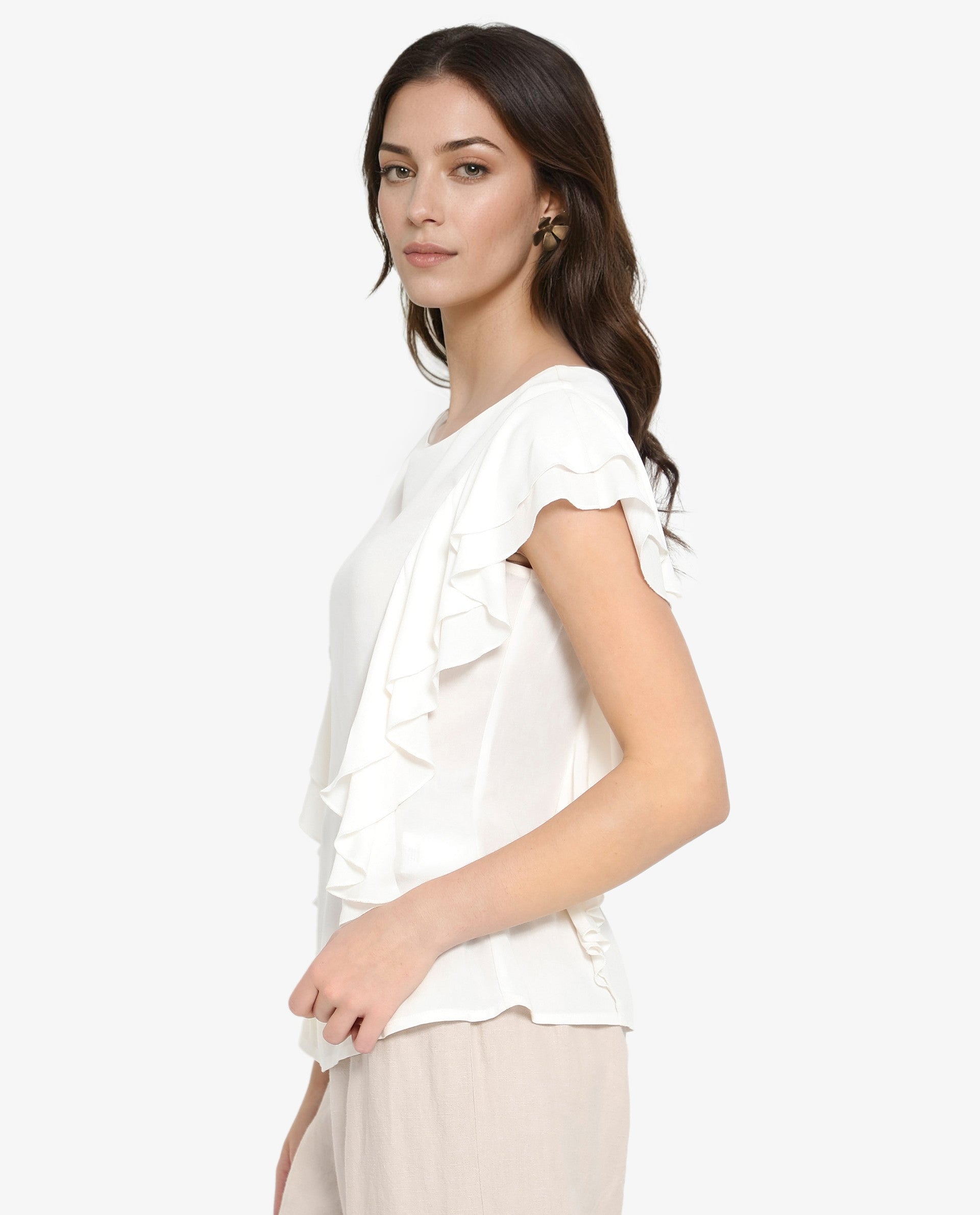 Rareism Women Samal Off White Ruffled Sleeves Boat Neck Plain Top