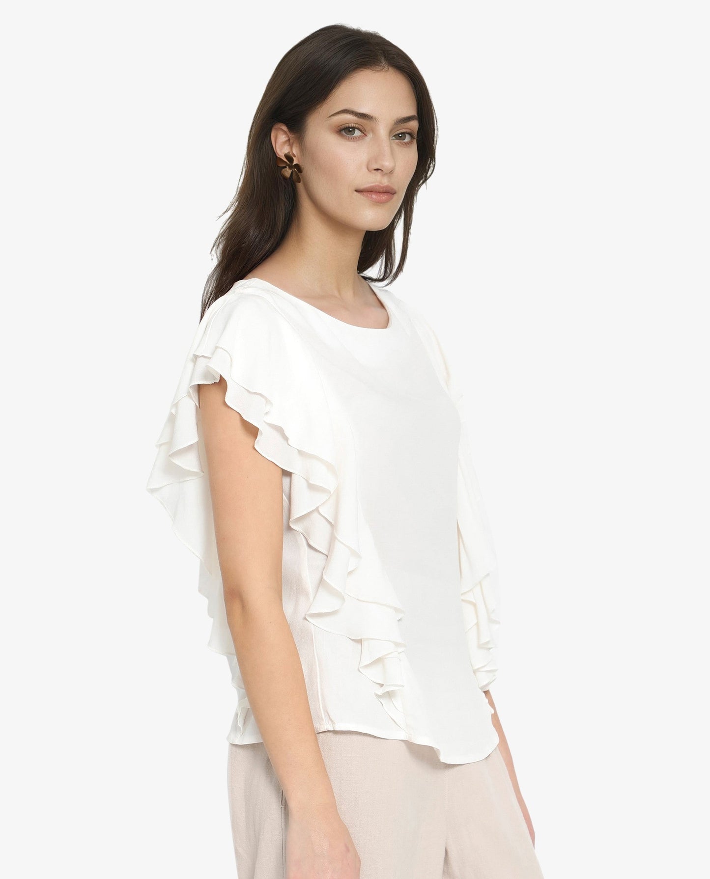 Rareism Women Samal Off White Ruffled Sleeves Boat Neck Plain Top