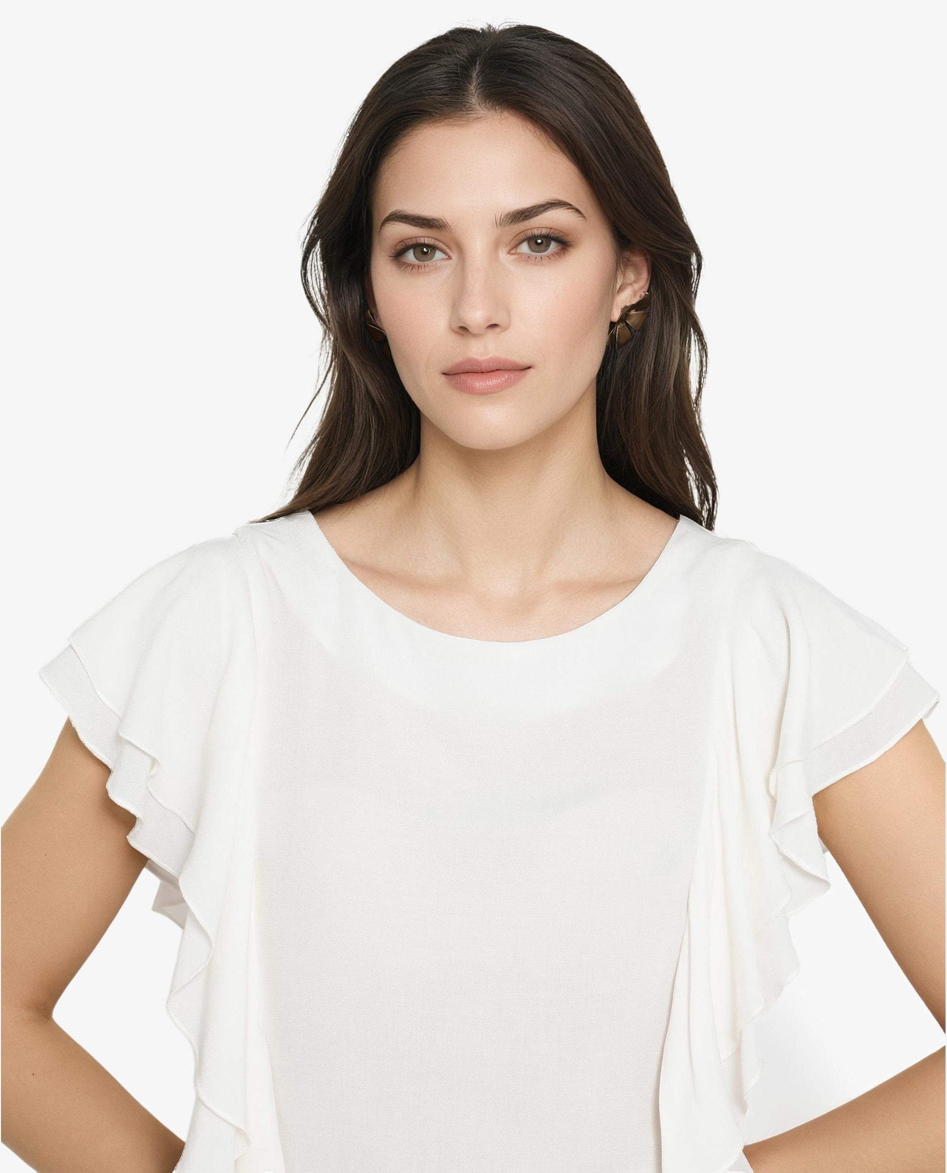 Rareism Women Samal Off White Ruffled Sleeves Boat Neck Plain Top