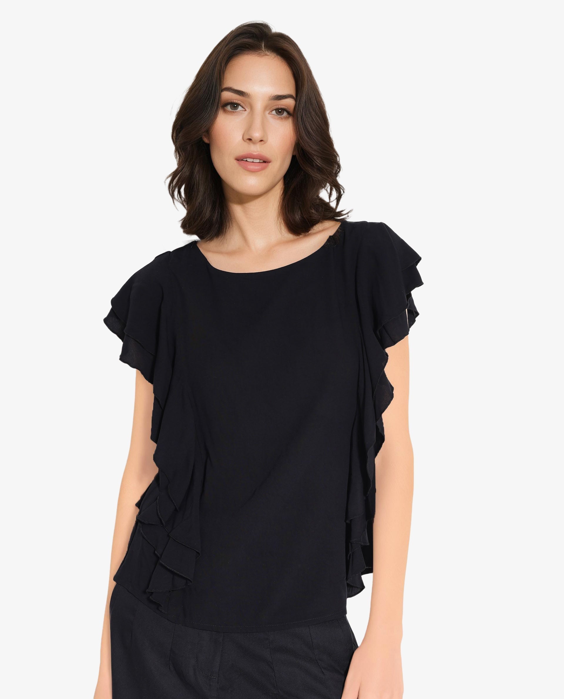 Rareism Women Samal Black Ruffled Sleeves Boat Neck Plain Top