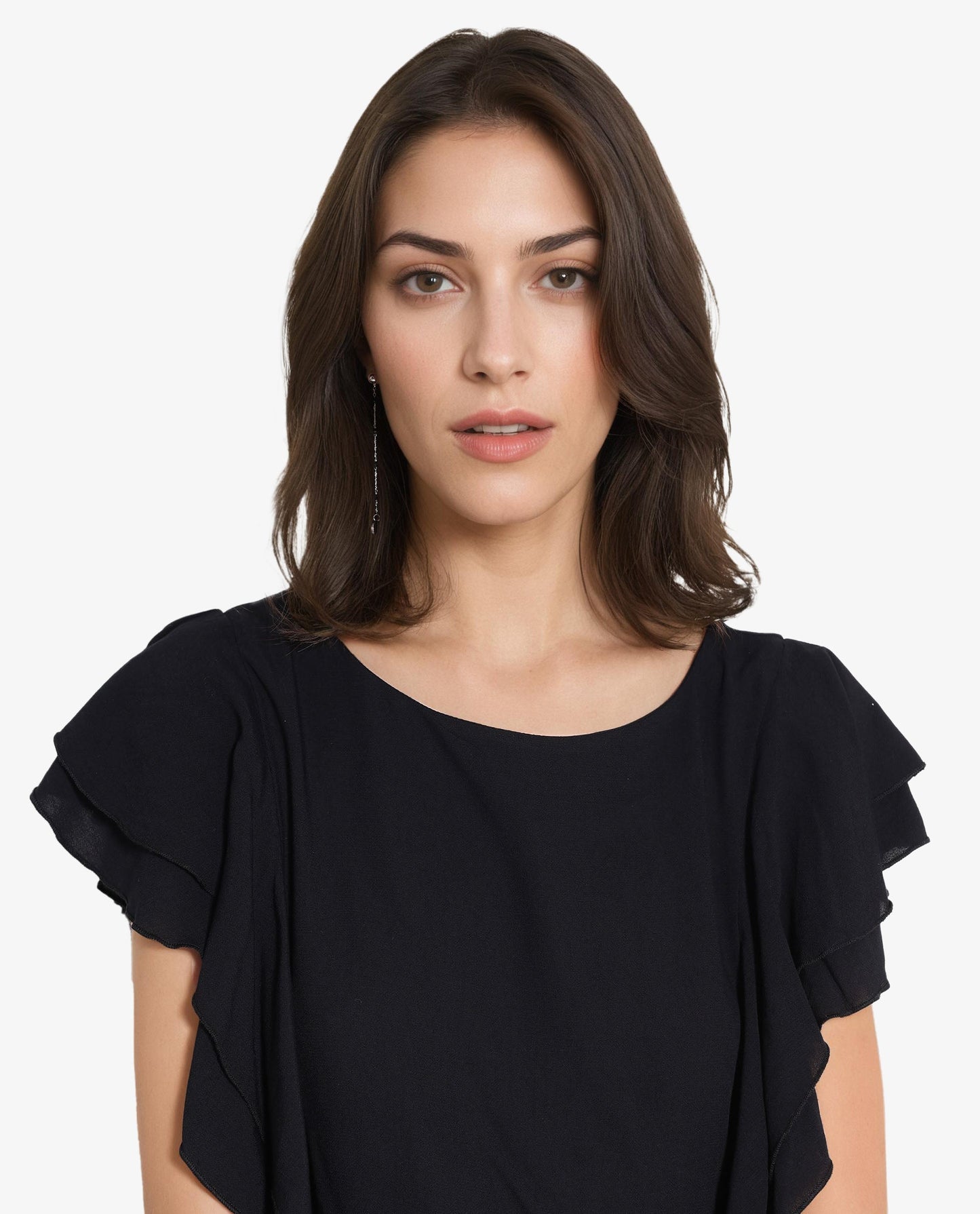 Rareism Women Samal Black Ruffled Sleeves Boat Neck Plain Top