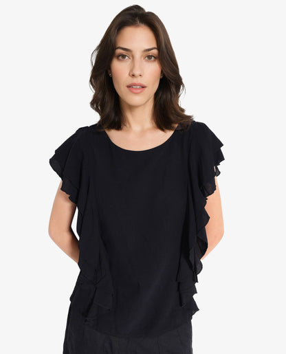 Rareism Women Samal Black Ruffled Sleeves Boat Neck Plain Top