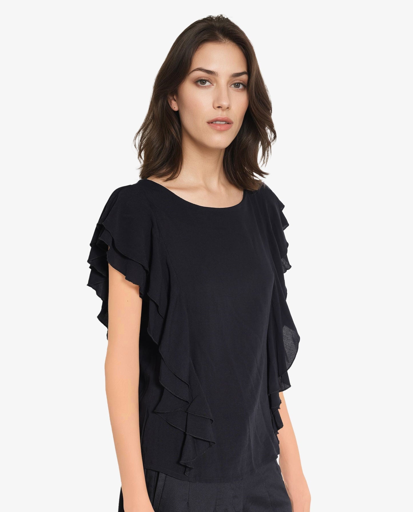 Rareism Women Samal Black Ruffled Sleeves Boat Neck Plain Top