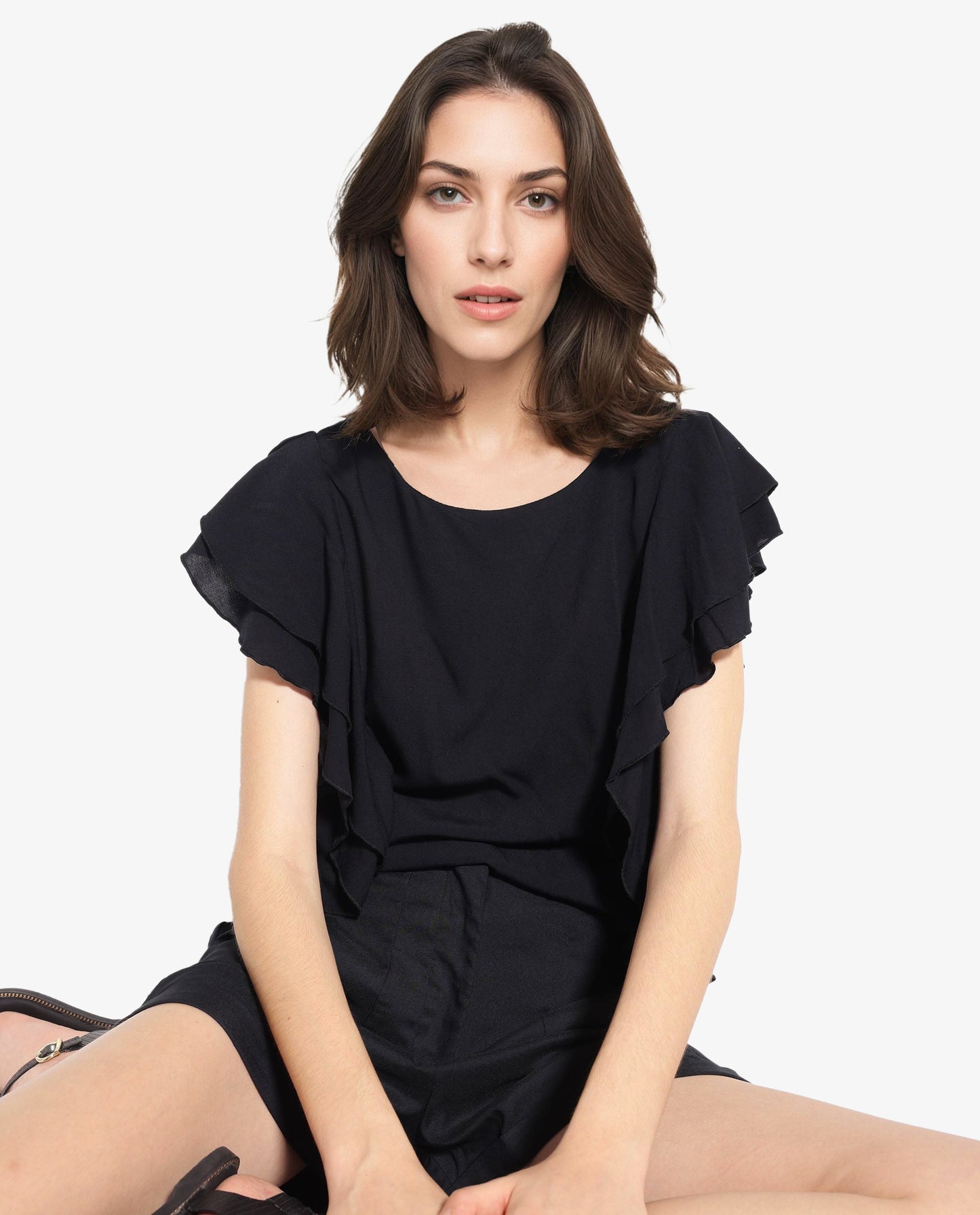 Rareism Women Samal Black Ruffled Sleeves Boat Neck Plain Top