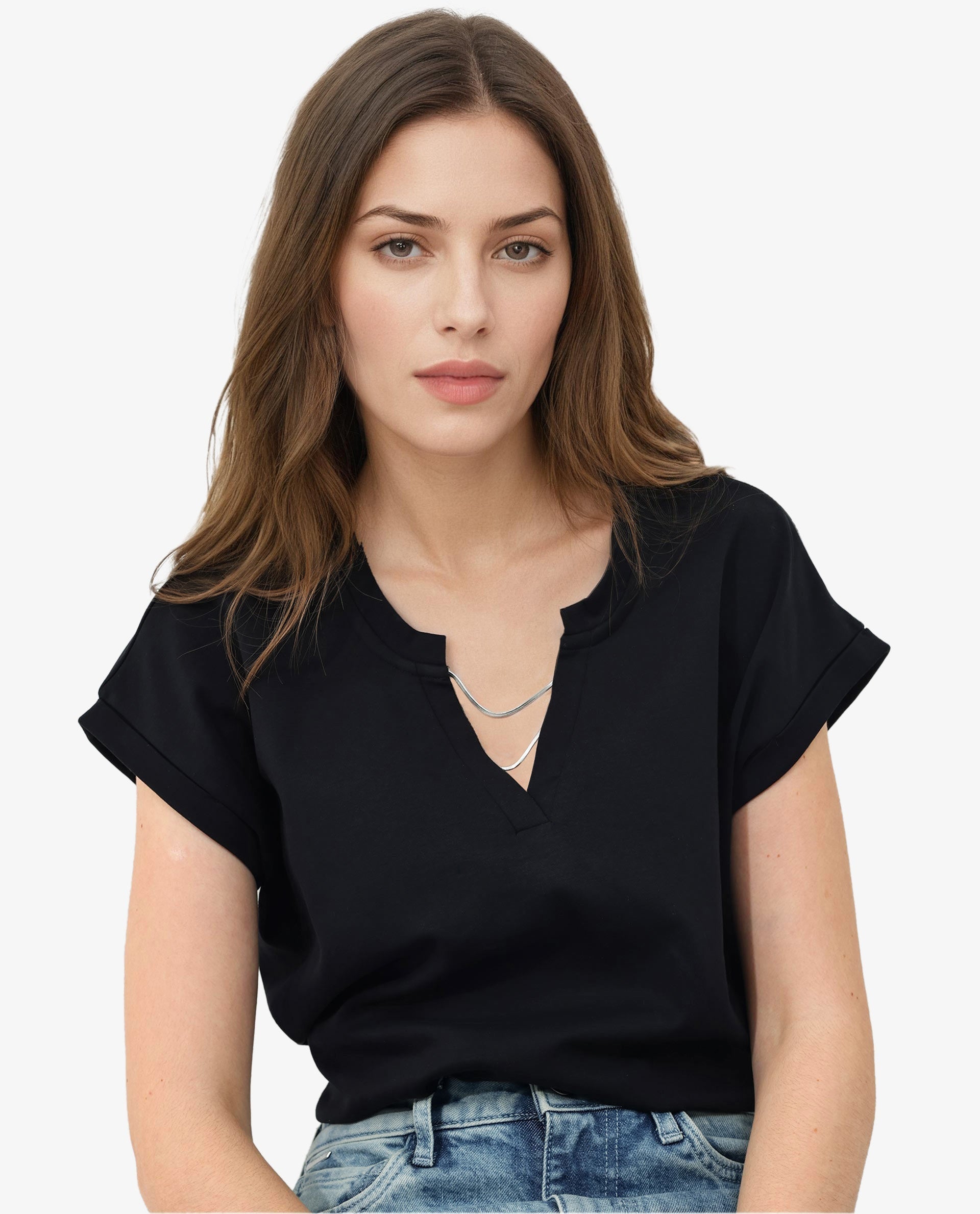 Rareism Women Sanderson Black Cotton Fabric Short Sleeve V-Neck Solid Regular Fit Top