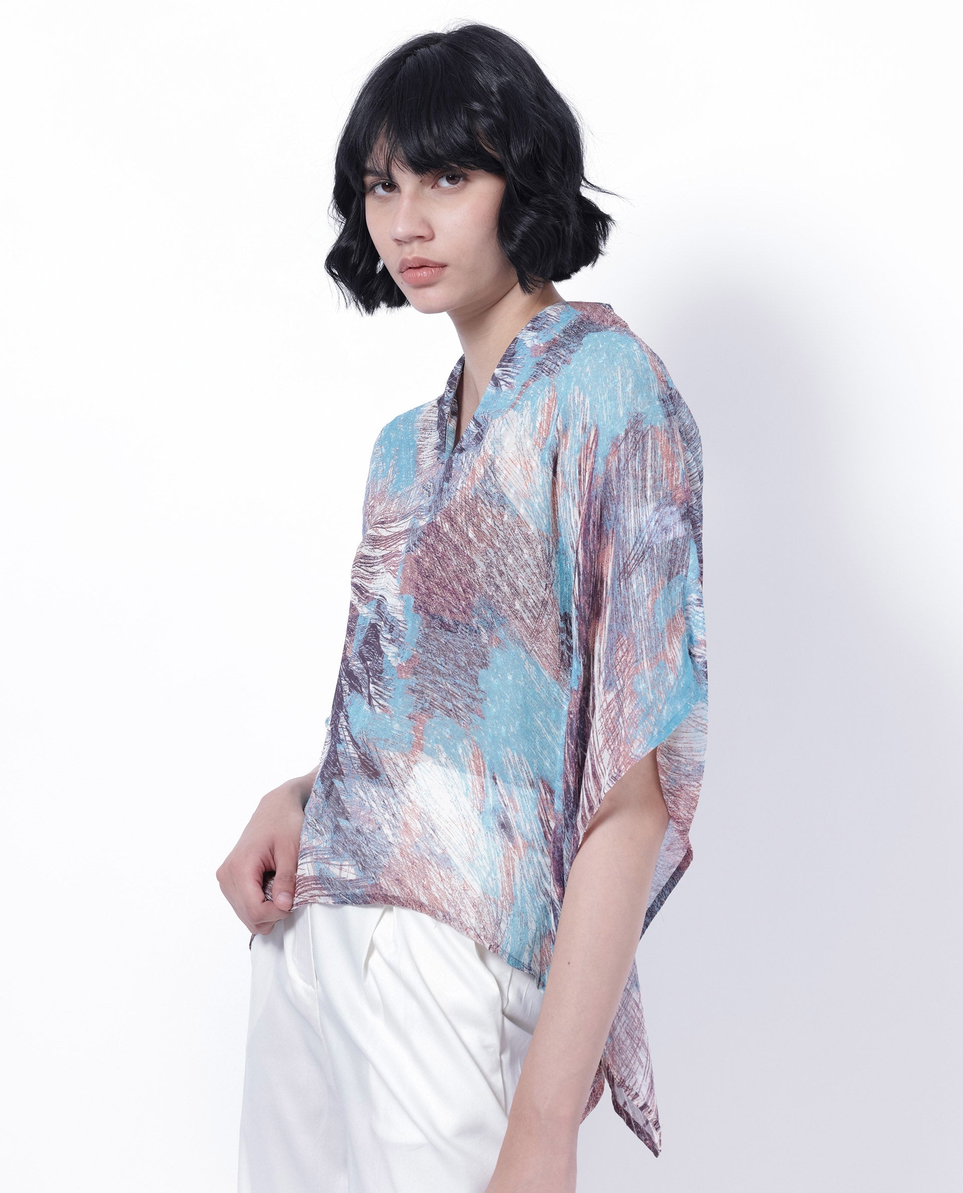 Rareism Women Sayne Blue Polyester Fabric Short Sleeves V-Neck Kimono Sleeve Regular Fit Abstract Print Asymmetric Top