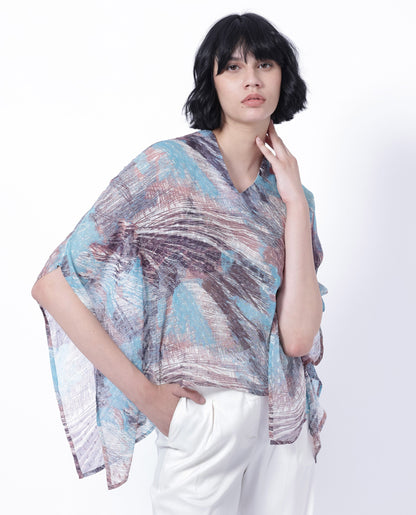 Rareism Women Sayne Blue Polyester Fabric Short Sleeves V-Neck Kimono Sleeve Regular Fit Abstract Print Asymmetric Top