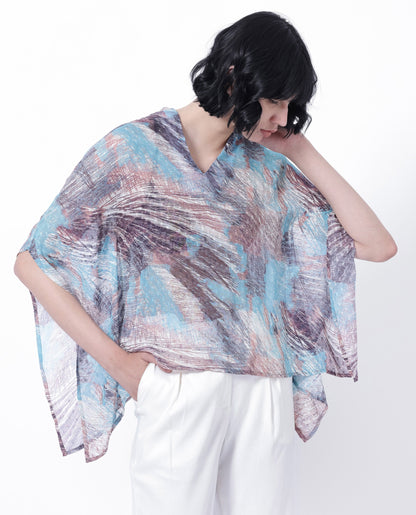 Rareism Women Sayne Blue Polyester Fabric Short Sleeves V-Neck Kimono Sleeve Regular Fit Abstract Print Asymmetric Top