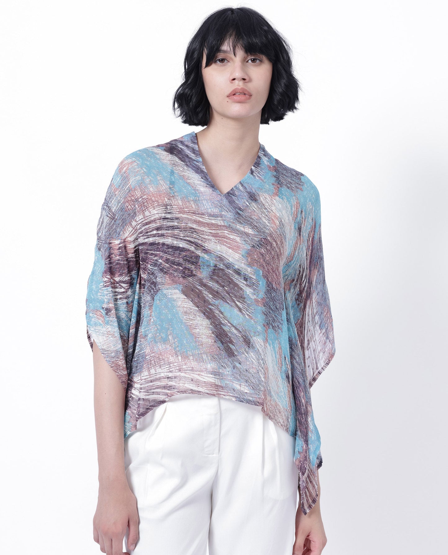 Rareism Women Sayne Blue Polyester Fabric Short Sleeves V-Neck Kimono Sleeve Regular Fit Abstract Print Asymmetric Top