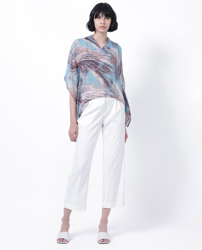 Rareism Women Sayne Blue Polyester Fabric Short Sleeves V-Neck Kimono Sleeve Regular Fit Abstract Print Asymmetric Top