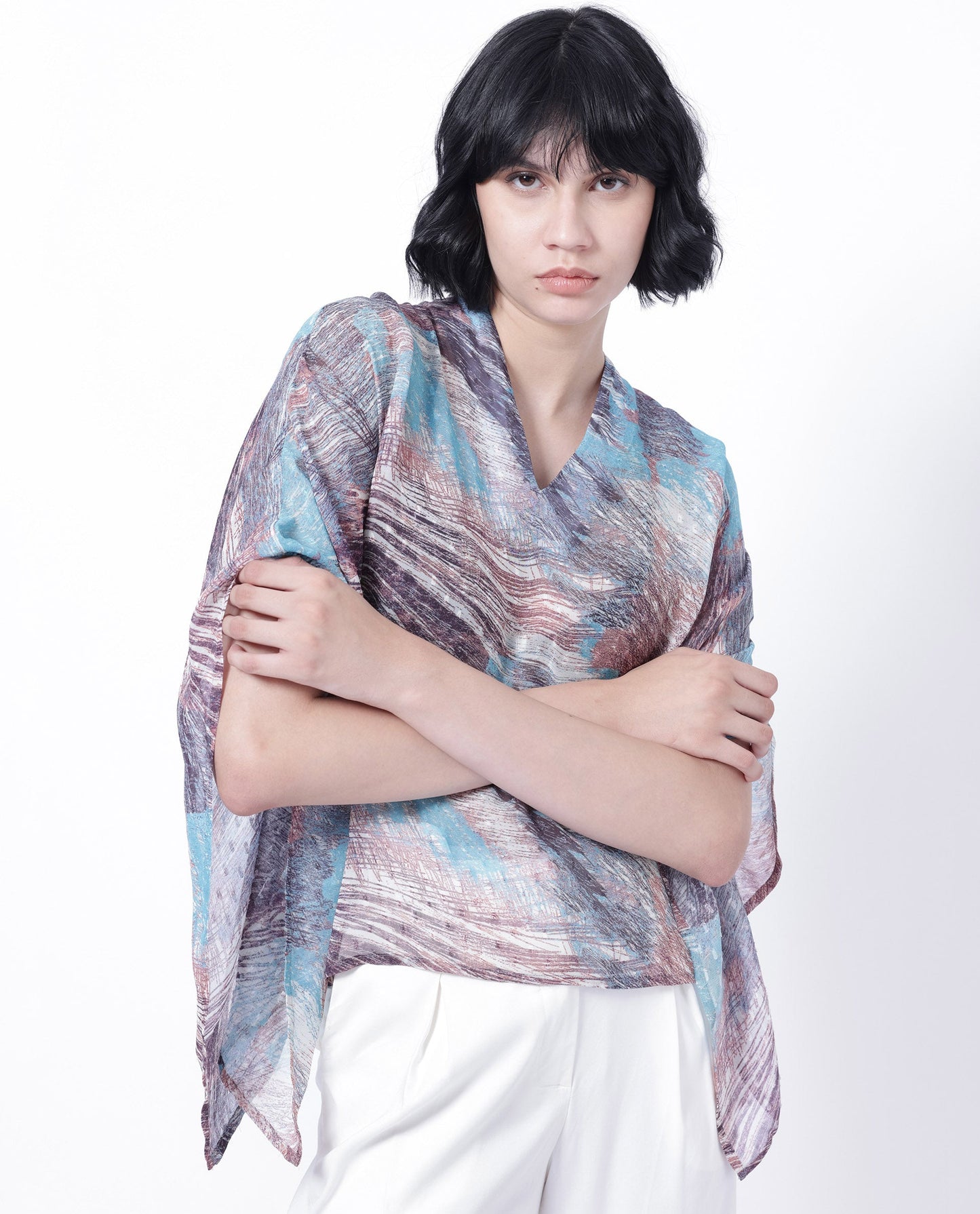 Rareism Women Sayne Blue Polyester Fabric Short Sleeves V-Neck Kimono Sleeve Regular Fit Abstract Print Asymmetric Top