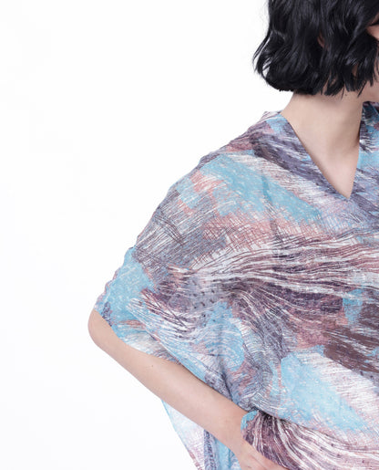 Rareism Women Sayne Blue Polyester Fabric Short Sleeves V-Neck Kimono Sleeve Regular Fit Abstract Print Asymmetric Top