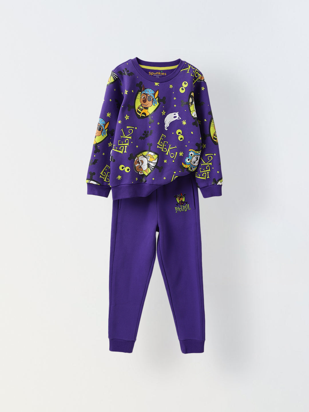 Spunkies Cotton Fleece Knit Printed Regular Casual Wear Set Boys Full Sleeve Purple Soft Fabric