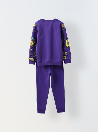 Spunkies Cotton Fleece Knit Printed Regular Casual Wear Set Boys Full Sleeve Purple Soft Fabric